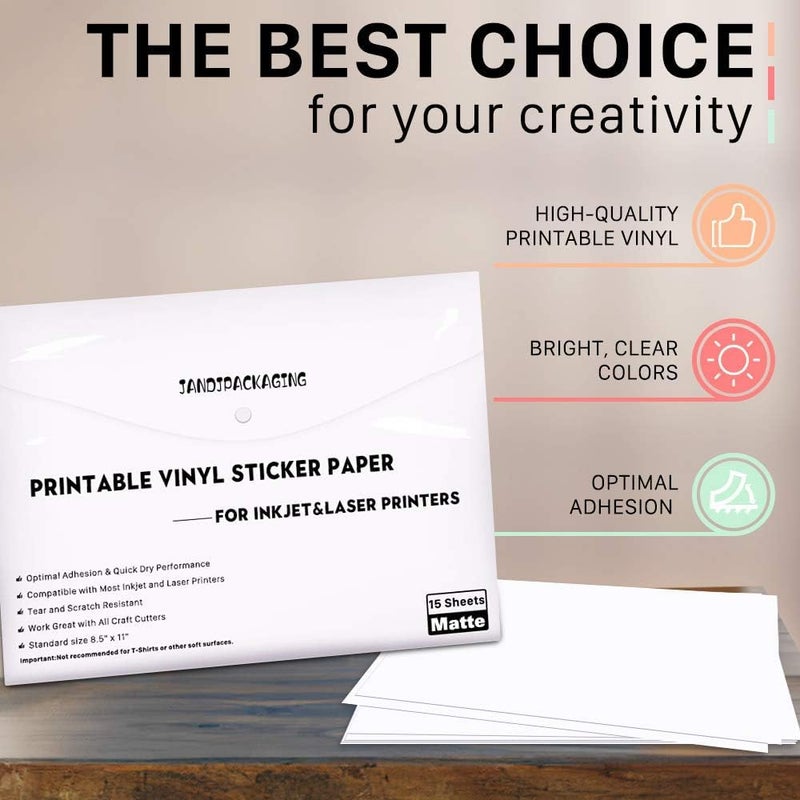 JANDJPACKAGING Printable Vinyl Sticker Paper - Waterproof Printable Vinyl for Laser & Inkjet Printer 15 Self-Adhesive Sheets - Matte White - Standard Letter Size 8.5"x11" - Image 3